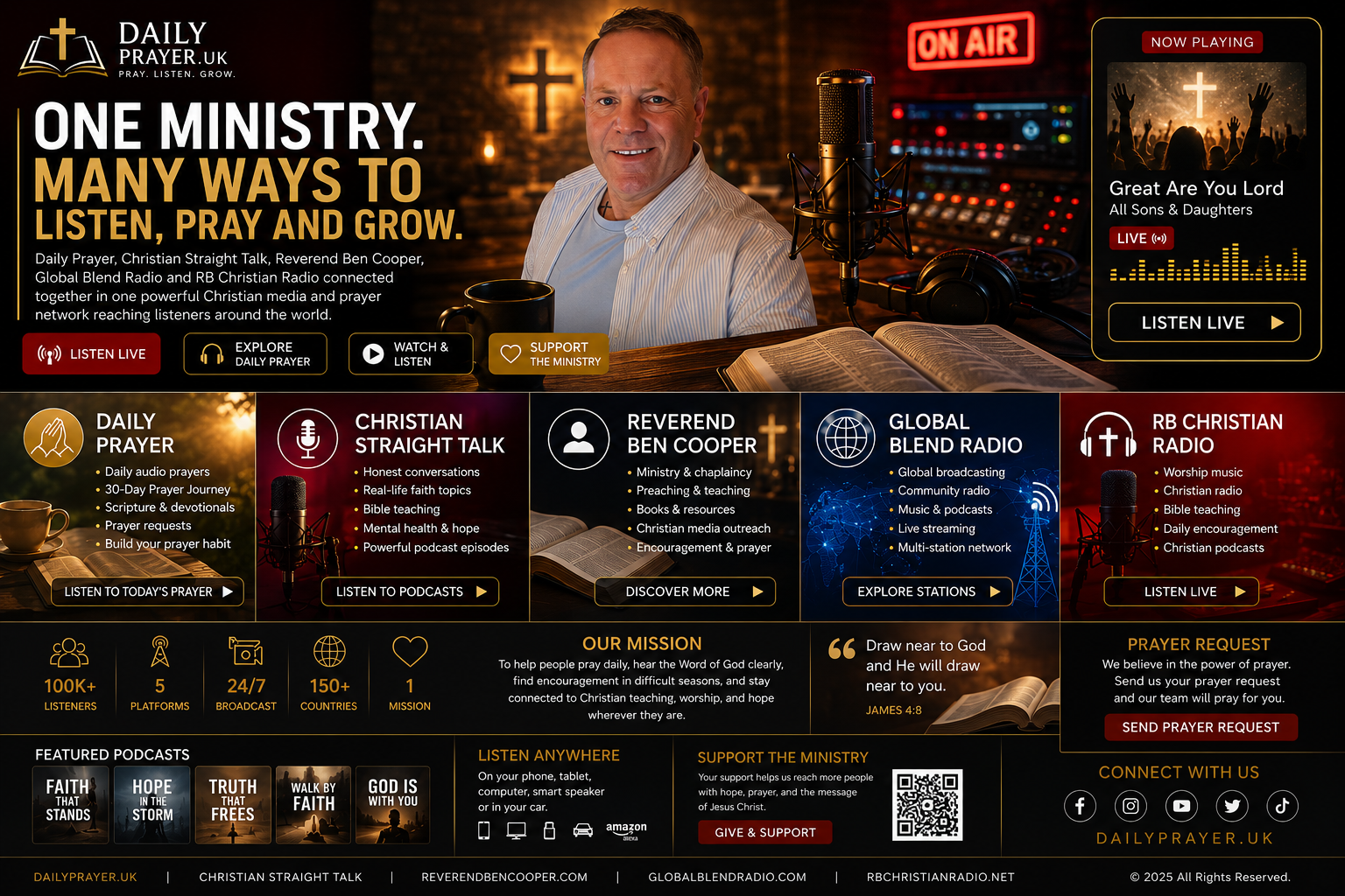One Ministry banner showing Daily Prayer, presenter, microphone, Bible, radio and Christian media network visuals
