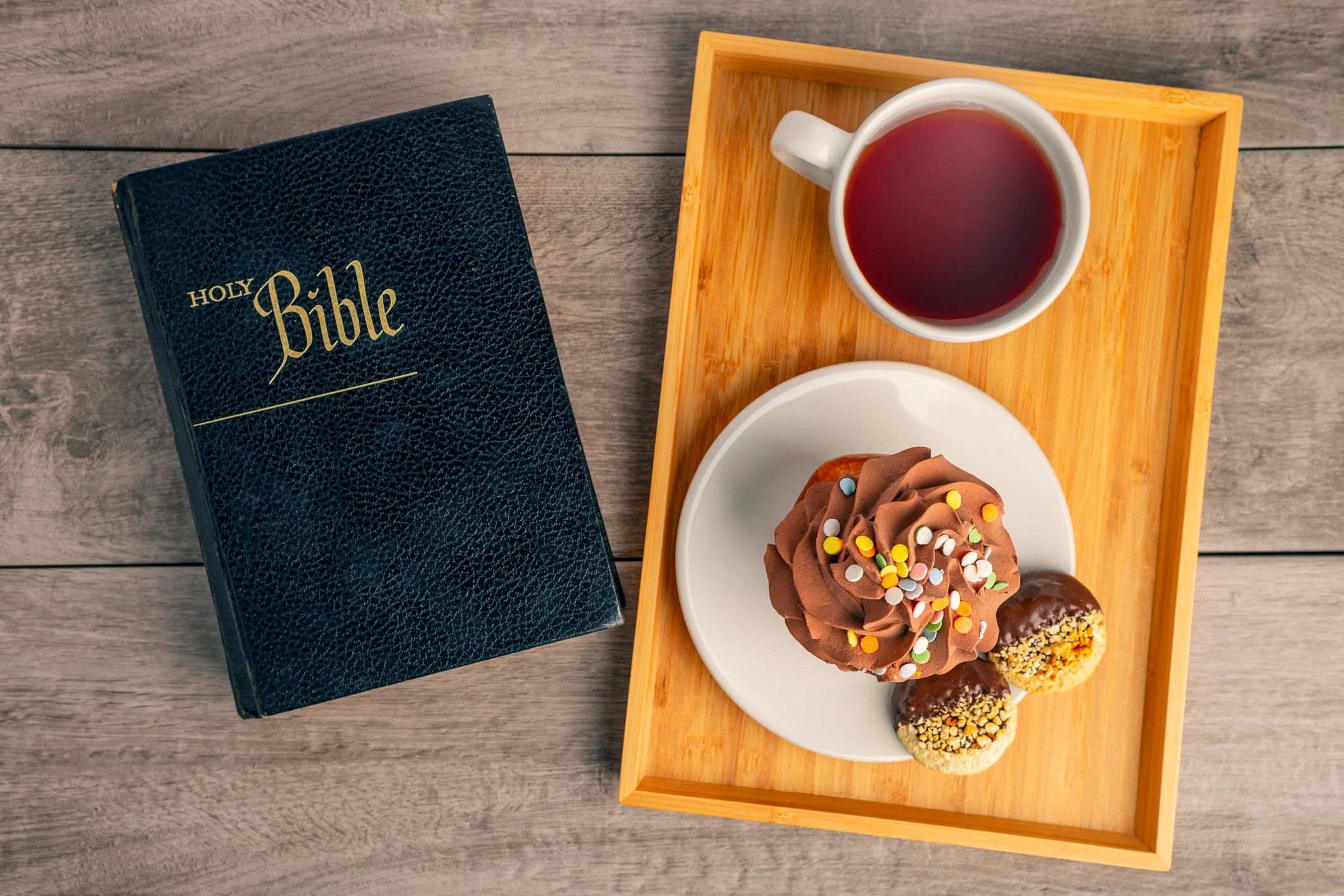 Warm cinematic table setting for Christian conversation podcast