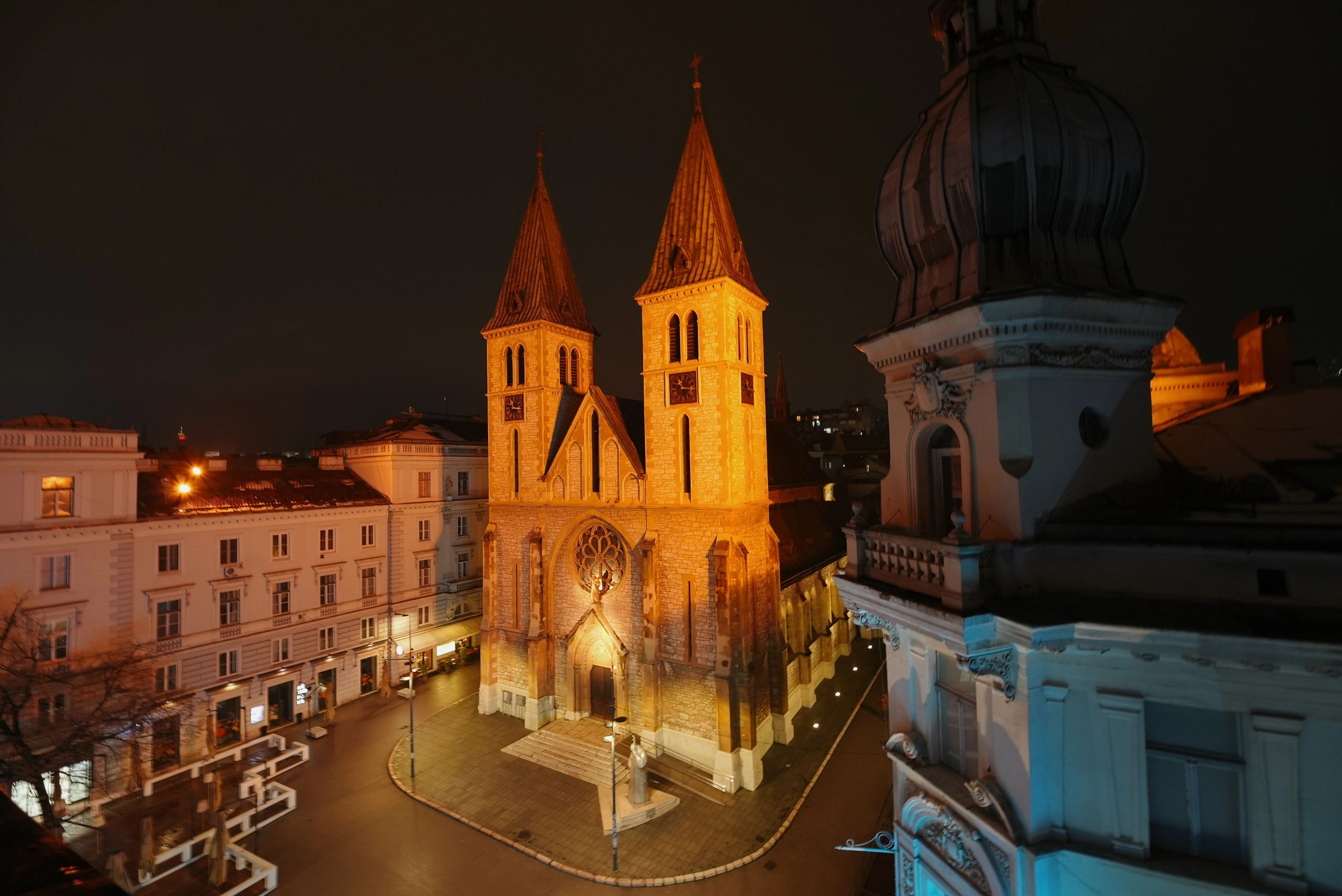 Illuminated cathedral at night for prayer reflection section