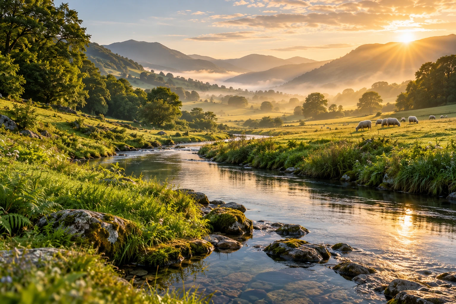 Sheep beside a quiet stream in green pastures at sunrise, inspired by Psalm 23